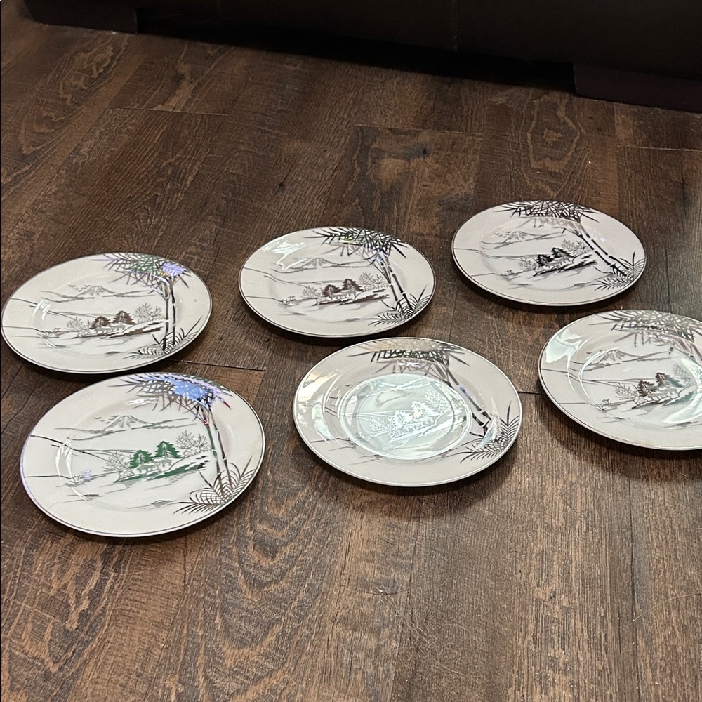 VTG Kutani Sliver Hand Painted White Porcelain‎ Salad Plates Mt Fuji 7.5"  6